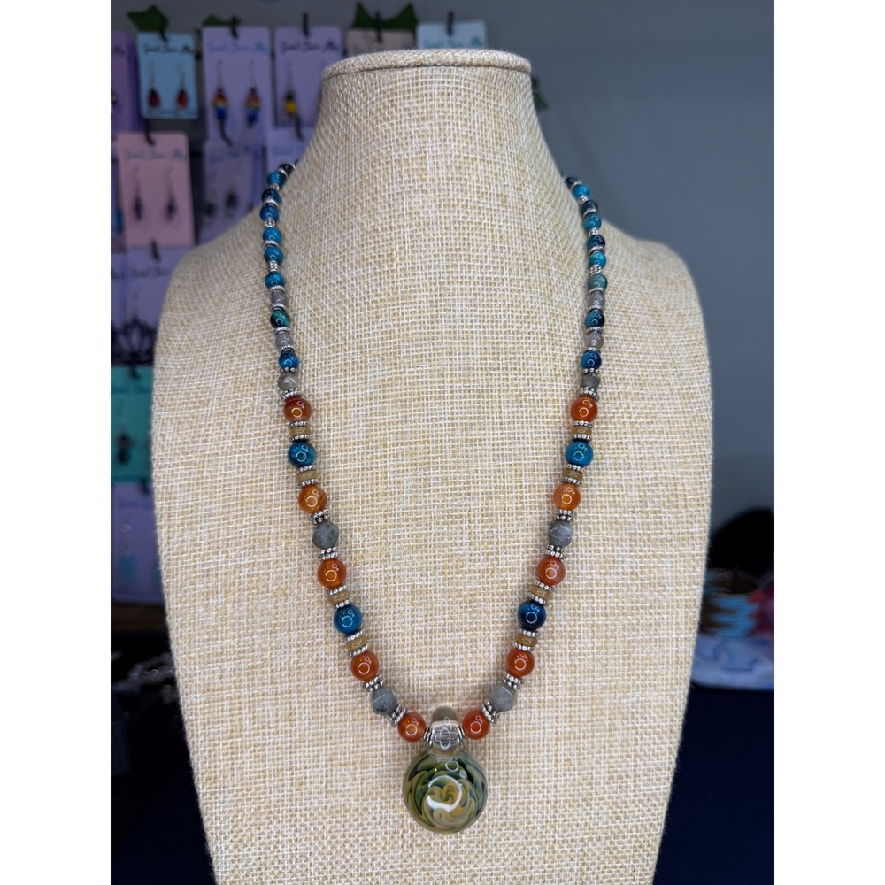 Artisan Lampwork Glass Pendant Necklace Carnelian Labradorite Apatite Beads - Picture 3 of 5
